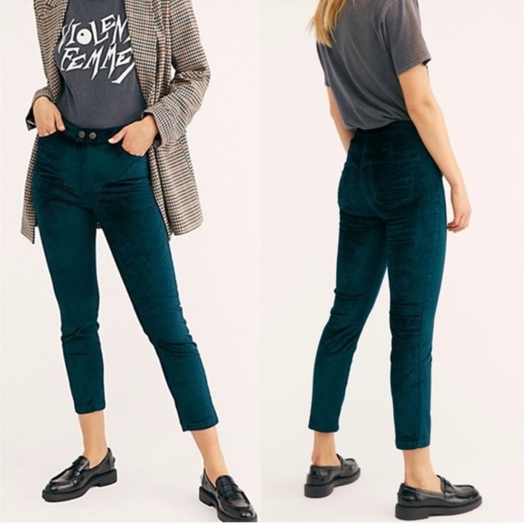 Free People We The Free Sweet Jane Velvet Skinny Jeans Pants in Neptune Green 26 - Picture 3 of 16